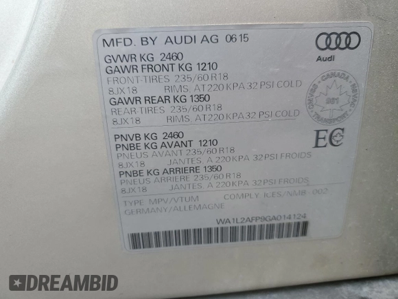 2016 Audi Q5 Premium Plus z VIN WA1L2AFP9GA014124, wystawiony jako Copart lot #59841655 z przebiegiem 106 807 mil mil oraz Szkoda całkowita • Salvage title. Historia ofert i sprzedaży dostępna na DreamBid. Obrazek 12.