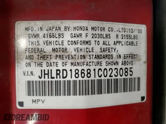 2001 Honda CR-V EX with VIN JHLRD18681C023085, listed as a Copart auction lot 72247694 with 212,620 mi miles and Salvage Title. Bid and sale history available at carsss.com. Image 13.