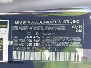 2019 Mercedes-Benz C 300 with VIN 55SWF8EB9KU315237, listed as a IAAI auction lot 41608890 with 79,080 mi miles and . Bid and sale history available at carsss.com. Image 9.