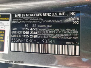 2017 Mercedes-Benz C 300 with VIN 55SWF4KB0HU193549, listed as a Copart auction lot 57495255 with 102,398 mi miles and Salvage title. Bid and sale history available at DreamBid. Image 12.