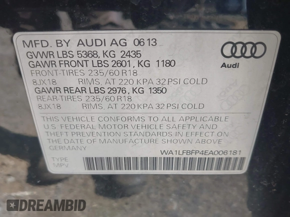 2014 Audi Q5 Premium Plus z VIN WA1LFBFP4EA006181, wystawiony jako IAAI lot #42140321 z przebiegiem 104 870 mil mil oraz . Historia ofert i sprzedaży dostępna na DreamBid. Obrazek 9.