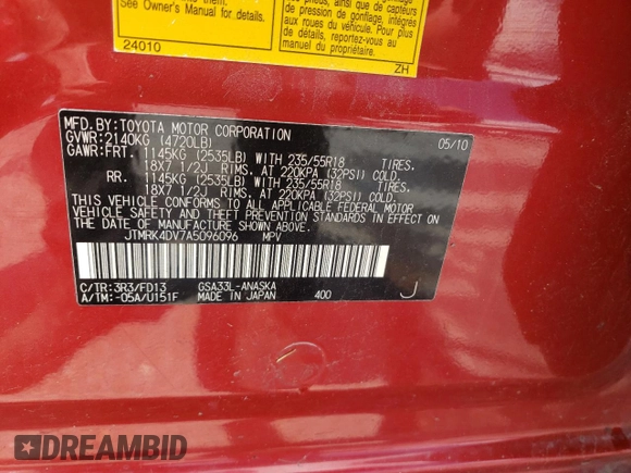 2010 Toyota RAV4 Sport with VIN JTMRK4DV7A5096096, listed as a Copart auction lot 59001435 with Not provided miles and Non repairable. Bid and sale history available at DreamBid. Image 13.
