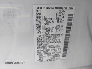 2006 Nissan Titan LE z VIN 1N6AA07B86N558129, wystawiony jako IAAI lot #42290349 z przebiegiem 177 739 mil mil oraz . Historia ofert i sprzedaży dostępna na DreamBid. Obrazek 9.