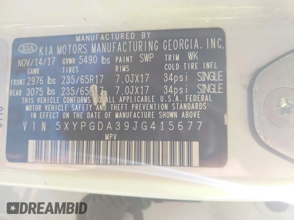2018 Kia Sorento LX with VIN 5XYPGDA39JG415677, listed as a IAAI auction lot 42051631 with 72,734 mi miles. Bid and sale history available at carsss.com. Image 9.