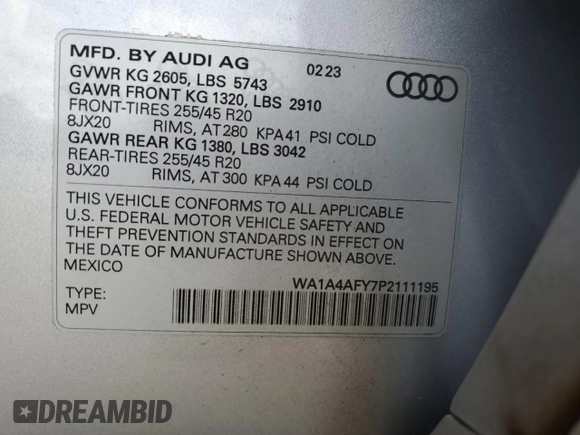 2023 Audi SQ5 Premium Plus with VIN WA1A4AFY7P2111195, listed as a Copart auction lot 50135224 with 10,436 mi miles. Bid and sale history available at carsss.com. Image 14.
