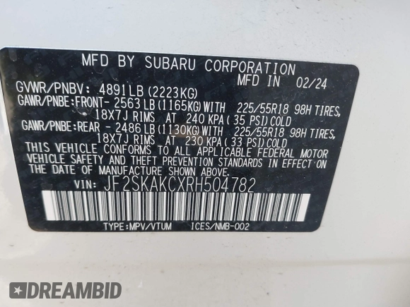 2024 Subaru Forester Limited with VIN JF2SKAKCXRH504782, listed as a IAAI auction lot 41235214 with 9,507 mi miles. Bid and sale history available at carsss.com. Image 9.