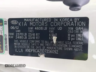 2013 Kia Sportage LX with VIN KNDPBCA21D7356092, listed as a IAAI auction lot 42111086 with 102,521 mi miles and . Bid and sale history available at carsss.com. Image 9.