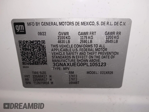 2023 Chevrolet Equinox LT with VIN 3GNAXUEG0PL105123, listed as a IAAI auction lot 42465118 with 10,530 mi miles and . Bid and sale history available at DreamBid. Image 9.