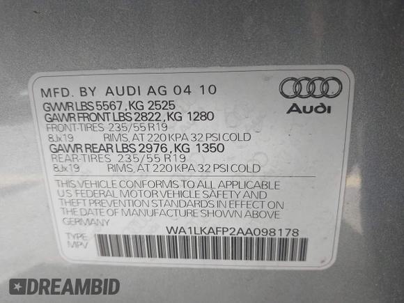 2010 Audi Q5 Premium Plus z VIN WA1LKAFP2AA098178, wystawiony jako IAAI lot #42275676 z przebiegiem 108 640 mil mil oraz . Historia ofert i sprzedaży dostępna na DreamBid. Obrazek 9.