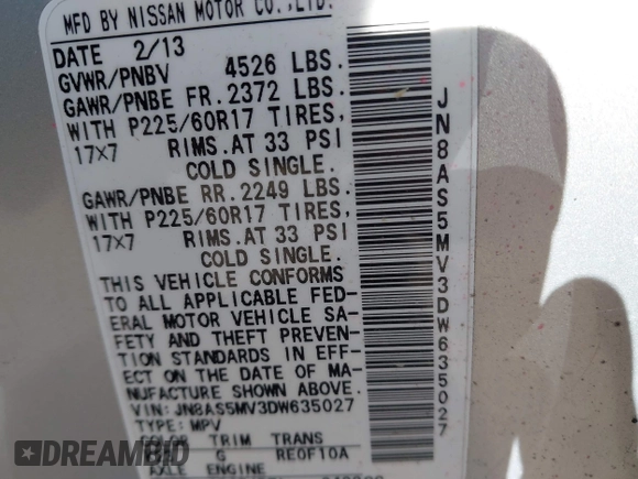 2013 Nissan Rogue SL with VIN JN8AS5MV3DW635027, listed as a IAAI auction lot 41872538 with 123,618 mi miles and . Bid and sale history available at DreamBid. Image 9.