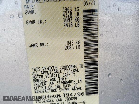 2023 Nissan Altima SL with VIN 1N4BL4EVXPN394296, listed as a Copart auction lot 52974165 with 48,702 mi miles and Salvage Title. Bid and sale history available at DreamBid. Image 12.