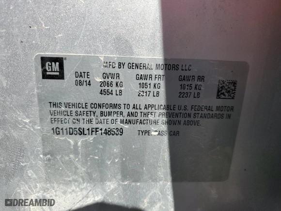 2015 Chevrolet Malibu LT with VIN 1G11D5SL1FF148539, listed as a Copart auction lot 47570905 with 118,809 mi miles and Salvage Title. Bid and sale history available at carsss.com. Image 13.