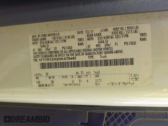 2017 Ford Transit with VIN 1FTYR1ZM2HKA78445, listed as a IAAI auction lot 42106503 with 143,544 mi miles and . Bid and sale history available at DreamBid. Image 9.