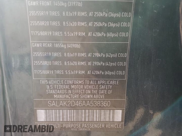 2010 Land Rover LR4 Lux with VIN SALAK2D46AA538360, listed as a Copart auction lot 84303854 with 196,034 mi miles and Salvage title. Bid and sale history available at DreamBid. Image 13.