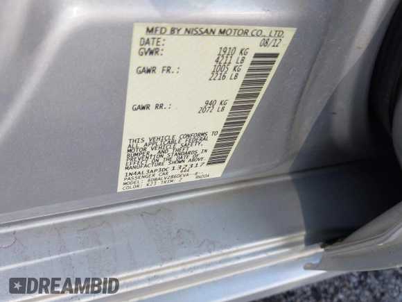2013 Nissan Altima S with VIN 1N4AL3AP3DC132317, listed as a IAAI auction lot 42115439 with 186,850 mi miles and . Bid and sale history available at DreamBid. Image 9.