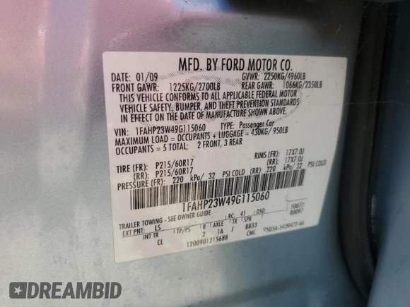 2009 Ford Taurus SE with VIN 1FAHP23W49G115060, listed as a Copart auction lot 53913125 with 91,754 mi miles and Salvage Title. Bid and sale history available at carsss.com. Image 12.