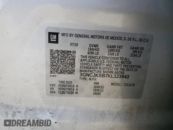 2019 Chevrolet Trax LS with VIN 3GNCJKSB7KL123943, listed as a Copart auction lot 46441505 with 182,707 mi miles and Salvage Title. Bid and sale history available at carsss.com. Image 12.