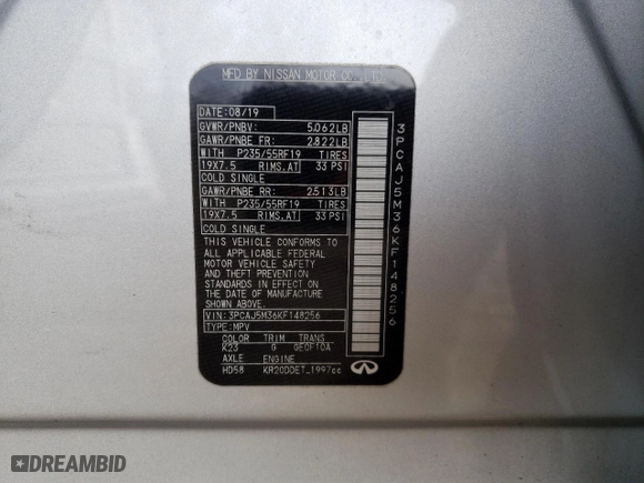 2019 Infiniti QX50 LUXE with VIN 3PCAJ5M36KF148256, listed as a Copart auction lot 50547675 with 85,501 mi miles and Salvage Title. Bid and sale history available at carsss.com. Image 14.