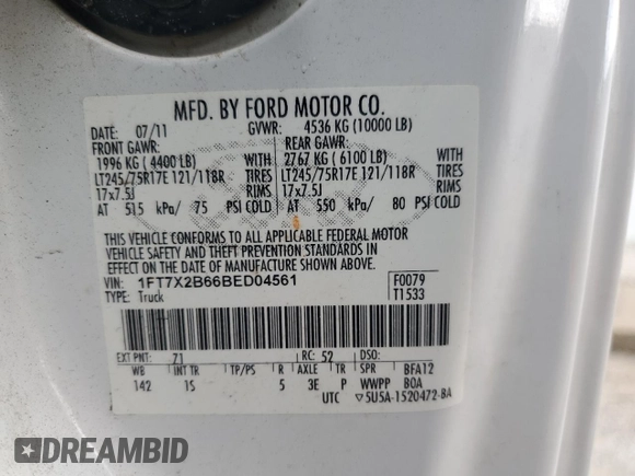 2011 Ford F-250 XL с VIN 1FT7X2B66BED04561, выставлен на аукционе Copart как лот 55486585 с пробегом Не указан миль и На запчасти • Non repairable. История ставок и продаж доступна на DreamBid. Изображение 12.