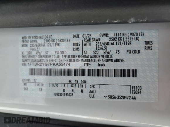 2023 Ford Transit Cargo with VIN 1FTBR2YG7PKA55474, listed as a Copart auction lot 45338615 with Not Provided miles and Salvage Title. Bid and sale history available at DreamBid. Image 15.