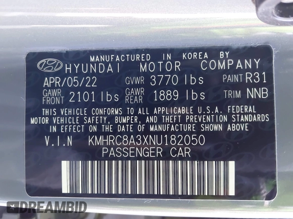 2022 Hyundai Venue SEL with VIN KMHRC8A3XNU182050, listed as a IAAI auction lot 42002955 with 29,089 mi miles and . Bid and sale history available at DreamBid. Image 9.
