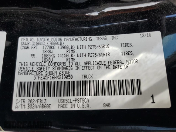 2017 Toyota Tundra 2WD SR5 with VIN 5TFEW5F16HX219050, listed as a Copart auction lot 70095034 with 143,811 mi miles and Salvage Title. Bid and sale history available at carsss.com. Image 12.