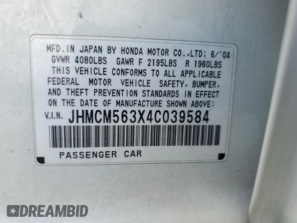 2004 Honda Accord LX z VIN JHMCM563X4C039584, wystawiony jako Copart lot #56711435 z przebiegiem 188 011 mil mil oraz Szkoda całkowita • Salvage title. Historia ofert i sprzedaży dostępna na DreamBid. Obrazek 13.