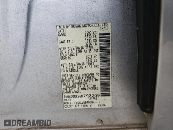 2016 Nissan Frontier S with VIN 1N6AD0ER2GN792209, listed as a Copart auction lot 60036045 with 162,516 mi miles and Salvage title. Bid and sale history available at DreamBid. Image 12.