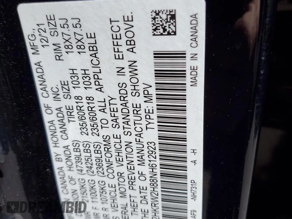 2022 Honda CR-V EX-L with VIN 2HKRW2H88NH612923, listed as a Copart auction lot 52173655 with 102,848 mi miles and Salvage title. Bid and sale history available at DreamBid. Image 14.