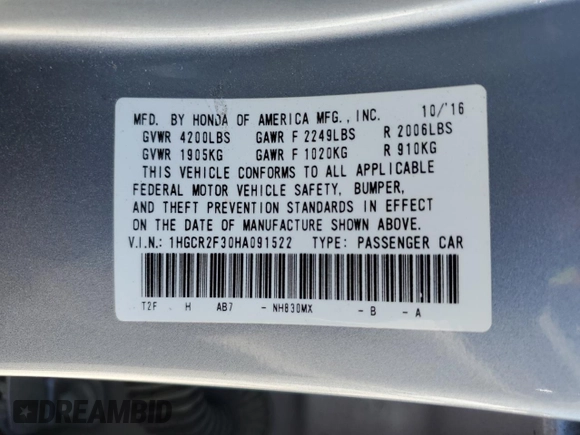 2017 Honda Accord Sedan LX with VIN 1HGCR2F30HA091522, listed as a Copart auction lot 49395825 with 151,978 mi miles and Salvage Title. Bid and sale history available at carsss.com. Image 12.