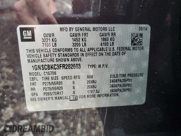 2015 Chevrolet Tahoe LT with VIN 1GNSCBKC3FR282603, listed as a Copart auction lot 50191155 with 219,272 mi miles and Salvage Title. Bid and sale history available at DreamBid. Image 13.