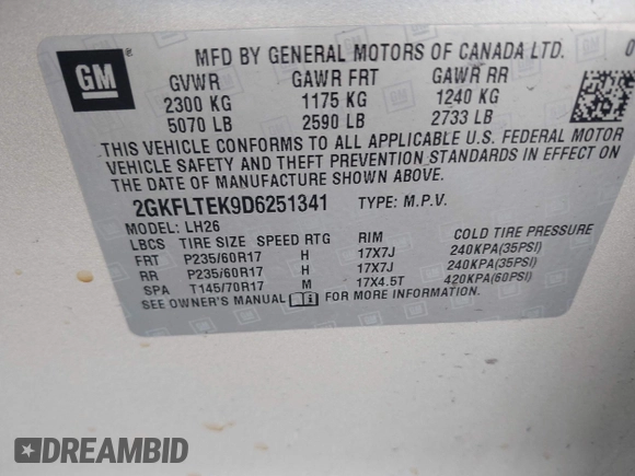 2013 GMC Terrain SLE with VIN 2GKFLTEK9D6251341, listed as a IAAI auction lot 41646169 with 82,230 mi miles. Bid and sale history available at carsss.com. Image 9.