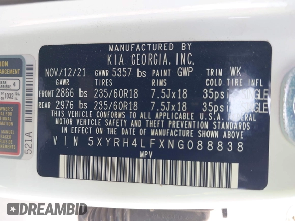 2022 Kia Sorento EX with VIN 5XYRH4LFXNG088838, listed as a IAAI auction lot 42429064 with 62,808 mi miles and . Bid and sale history available at DreamBid. Image 9.