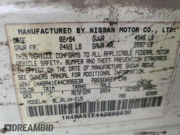 2004 Nissan Maxima SE with VIN 1N4BA41E44C896630, listed as a Copart auction lot 79459924 with 193,287 mi miles and Clean Title. Bid and sale history available at carsss.com. Image 12.