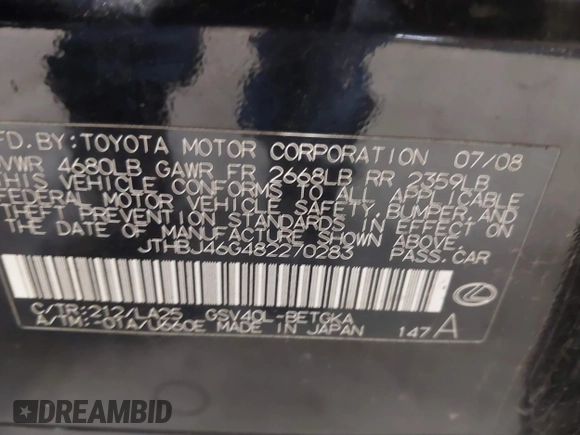 2008 Lexus ES 350 with VIN JTHBJ46G482270283, listed as a IAAI auction lot 42174180 with 286,277 mi miles. Bid and sale history available at carsss.com. Image 9.