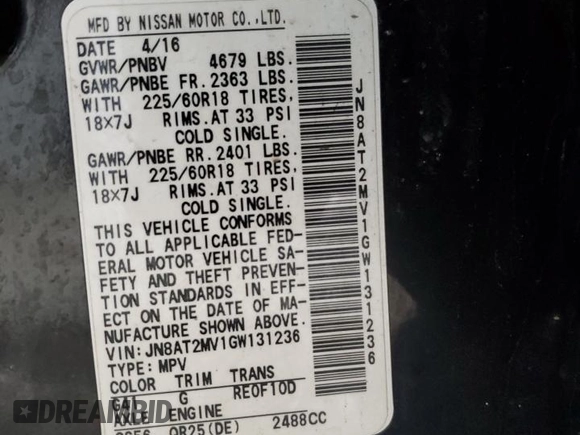 2016 Nissan Rogue S with VIN JN8AT2MV1GW131236, listed as a Copart auction lot 52955615 with 94,395 mi miles and Salvage Title. Bid and sale history available at carsss.com. Image 14.