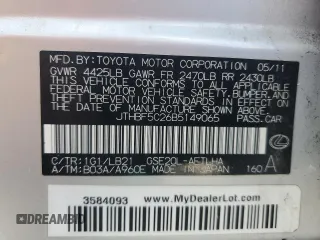 2011 Lexus IS 250 с VIN JTHBF5C26B5149065, выставлен на аукционе Copart как лот 62199485 с пробегом 121 605 миль миль и Чистый • Clean title. История ставок и продаж доступна на DreamBid. Изображение 12.