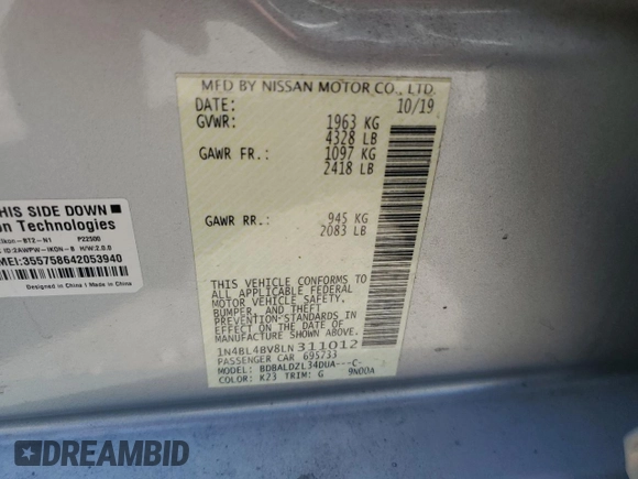 2020 Nissan Altima S z VIN 1N4BL4BV8LN311012, wystawiony jako Copart lot #55519915 z przebiegiem 94 072 mil mil oraz Szkoda całkowita • Salvage title. Historia ofert i sprzedaży dostępna na DreamBid. Obrazek 12.