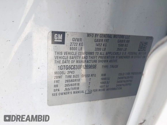 2015 GMC Canyon 4WD SLT with VIN 1GTG6CE30F1269698, listed as a IAAI auction lot 41508606 with 83,566 mi miles. Bid and sale history available at carsss.com. Image 9.
