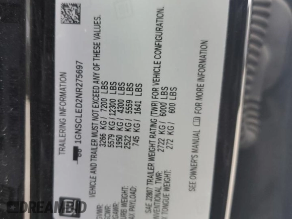 2022 Chevrolet Tahoe Commercial z VIN 1GNSCLED2NR275697, wystawiony jako Copart lot #83562434 z przebiegiem Nie podano mil oraz Szkoda całkowita • Salvage title. Historia ofert i sprzedaży dostępna na DreamBid. Obrazek 13.