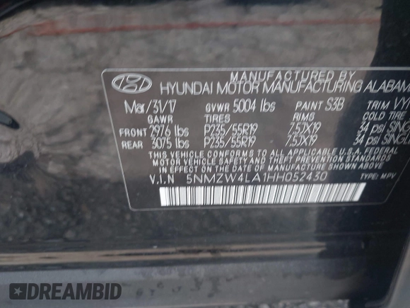 2017 Hyundai Santa Fe Ultimate with VIN 5NMZW4LA1HH052430, listed as a IAAI auction lot 42205489 with 85,720 mi miles and . Bid and sale history available at DreamBid. Image 9.