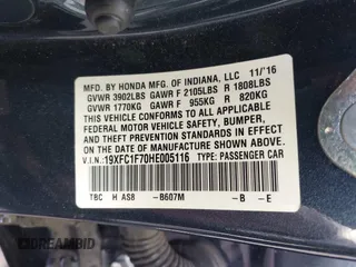 2017 Honda Civic Sedan EX-L with VIN 19XFC1F70HE005116, listed as a IAAI auction lot 42042277 with 61,812 mi miles. Bid and sale history available at carsss.com. Image 9.