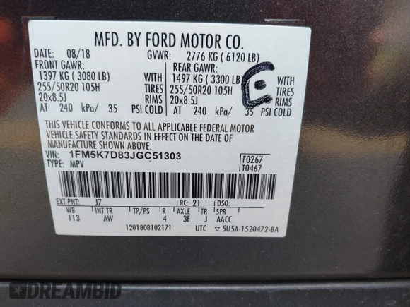 2018 Ford Explorer XLT z VIN 1FM5K7D83JGC51303, wystawiony jako IAAI lot #42456171 z przebiegiem 110 155 mil mil oraz . Historia ofert i sprzedaży dostępna na DreamBid. Obrazek 9.