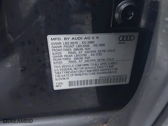 2017 Audi Q7 Premium Plus with VIN WA1LAAF78HD004770, listed as a IAAI auction lot 41251276 with 127,854 mi miles. Bid and sale history available at carsss.com. Image 9.