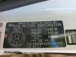 2012 Kia Rio LX with VIN KNADM4A33C6042683, listed as a Copart auction lot 68713644 with 0 mi miles and Clean Title. Bid and sale history available at carsss.com. Image 12.
