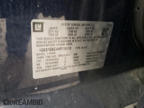 2017 GMC Yukon XL SLT with VIN 1GKS1GKC4HR156513, listed as a Copart auction lot 85719884 with Not Provided miles and Salvage Title. Bid and sale history available at DreamBid. Image 15.