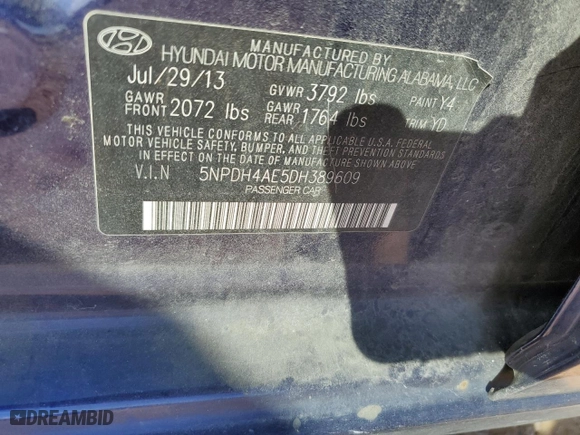 2013 Hyundai Elantra GLS PZEV with VIN 5NPDH4AE5DH389609, listed as a Copart auction lot 46397655 with 171,940 mi miles and Clean Title. Bid and sale history available at carsss.com. Image 13.