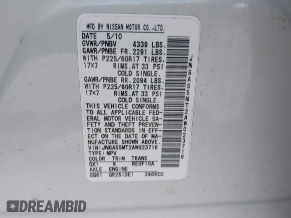 2010 Nissan Rogue S with VIN JN8AS5MT2AW023718, listed as a IAAI auction lot 42009887 with 207,891 mi miles and . Bid and sale history available at carsss.com. Image 9.