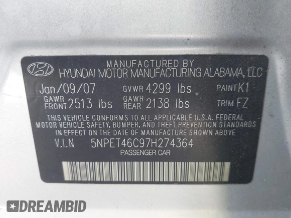2007 Hyundai Sonata GLS with VIN 5NPET46C97H274364, listed as a IAAI auction lot 42061715 with 158,688 mi miles and . Bid and sale history available at DreamBid. Image 9.