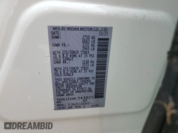 2024 Infiniti QX60 Luxe with VIN 5N1DL1FSXRC343025, listed as a Copart auction lot 74335204 with Not provided miles and Non repairable. Bid and sale history available at DreamBid. Image 14.